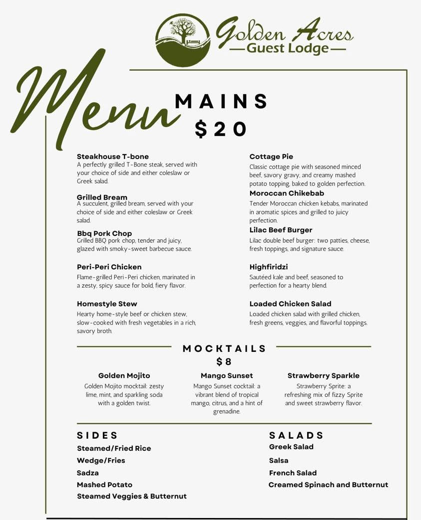 Menu - Golden Acres Guest Lodge